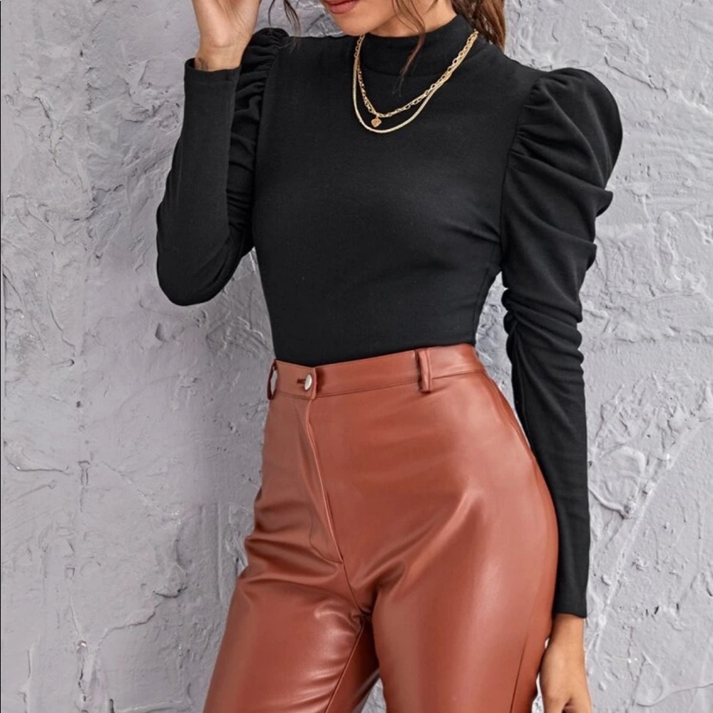 Black Boho Mock Neck Puff Sleeve Blouse